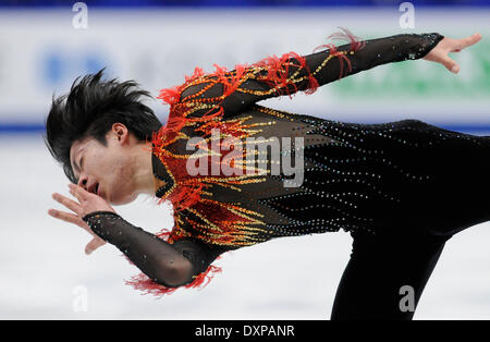 Saitama, Giappone. 28 Mar, 2014. Skater giapponese Tatsuki Machida esegue durante la uomini singoli pattinaggio gratuito evento presso il pattinaggio internazionale dell'Unione (ISU) World Figure Skating Championships 2014 tenutasi a Saitama, Giappone, 28 marzo 2014. Tatsuki Machida ha ottenuto la medaglia d argento dell'evento. Credito: Stinger/Xinhua/Alamy Live News Foto Stock