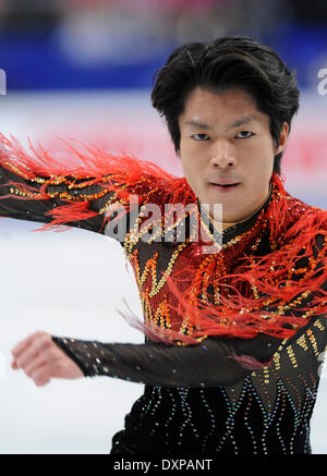 Saitama, Giappone. 28 Mar, 2014. Skater giapponese Tatsuki Machida esegue durante la uomini singoli pattinaggio gratuito evento presso il pattinaggio internazionale dell'Unione (ISU) World Figure Skating Championships 2014 tenutasi a Saitama, Giappone, 28 marzo 2014. Tatsuki Machida ha ottenuto la medaglia d argento dell'evento. Credito: Stinger/Xinhua/Alamy Live News Foto Stock