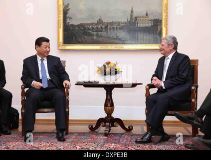 Berlino, Germania. 28 Mar, 2014. Il presidente cinese Xi Jinping (L) incontra il Presidente tedesco Joachim Gauck a Berlino, Germania, 28 marzo 2014. © Hongguang Lan/Xinhua/Alamy Live News Foto Stock