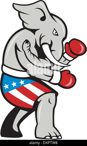 Illustrazione di un elefante repubblicano mascotte boxer boxing con guanti visto dal lato su sfondo isolato fatto in cartoon st Foto Stock