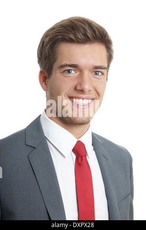 Sorridente giovane imprenditore indossare tuta e tirante Foto Stock