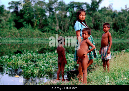 Una famiglia di indiani warao nel Delta Orinoco. I Warao sono un popolo indigeno che abitano nel nordest del Venezuela e western Foto Stock