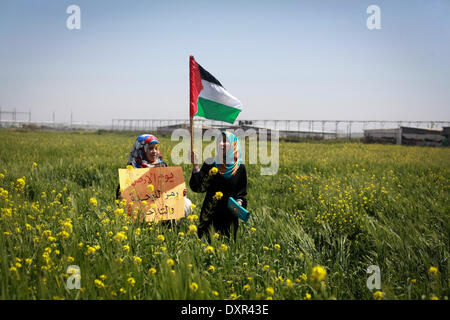 La striscia di Gaza, Territori palestinesi. 29 Mar, 2014. Un agricoltore palestinese partecipa in una coltivazione di olivi durante un rally Terra di marcatura giorno a Gaza il 29 marzo 2014. Le manifestazioni annuali di contrassegnare la morte di sei Israeliani arabi manifestanti per mano della polizia israeliana e truppe durante le proteste di massa nel 1976 contro i piani di confiscare terra araba nel nord della regione della Galilea. © Majdi Fathi/NurPhoto/ZUMAPRESS.com/Alamy Live News Foto Stock