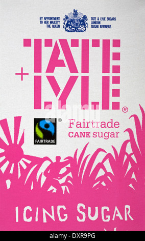 Fairtrade zucchero di canna - informazioni sul pacchetto di Tate and Lyle zucchero di canna Fairtrade - simbolo del logo del commercio equo e solidale Foto Stock