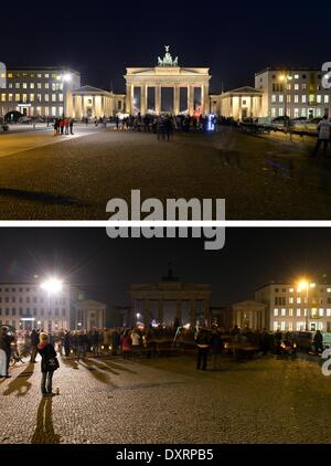 Berlino, Germania. 29 Mar, 2014. La combinazione immagine mostra la Porta di Brandeburgo prima e durante il "Earth Hour' a Berlino, Germania, 29 marzo 2014. Diversi milioni di persone che vogliono partecipare alla fondazione ambientale World Wildlife fund (WWF) e spegnere la luce per un ora in edifici pubblici. Foto: Soeren Stache/dpa/Alamy Live News Foto Stock