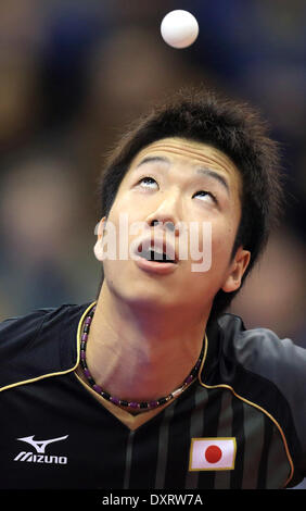 Magdeburg, Germania. 30 Mar, 2014. Il giocatore giapponese Jun Mizutanio gioca contro il giocatore tedesco Mengel durante il German Open al Getec arena a Magdeburgo (Germania), 30 marzo 2014. Foto: Jens Wolf/dpa/Alamy Live News Foto Stock