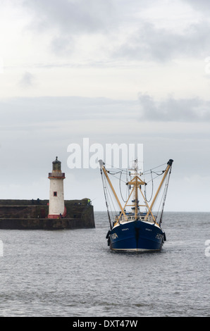 Un peschereccio blu entrando Whitehaven harbor , di ritorno da un viaggio di pesca Foto Stock