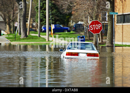 Auto sotto l'acqua. Veicolo allagato da fiume alluvione in Des Plains, IL, Stati Uniti d'America. Allagato strade di città dopo alcuni giorni di pioggia intensa. Foto Stock
