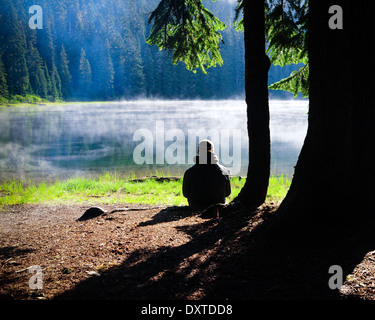 Uomo seduto da un lago di mattina con la nebbia e il fumo del fuoco di accampamento sopra l'acqua. Foto Stock