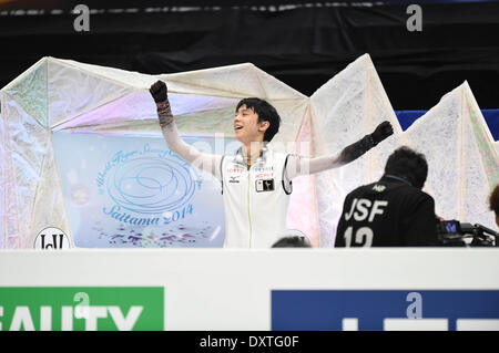 Saitama, Giappone. 28 Mar, 2014. Yuzuru Hanyu (JPN) Pattinaggio di Figura : Yuzuru Hanyu del Giappone festeggia in uomini del pattinaggio gratuito a Saitama Super Arena durante l'ISU World Figure Skating Championship in Saitama, Giappone . © Hitoshi Mochizuki/AFLO/Alamy Live News Foto Stock