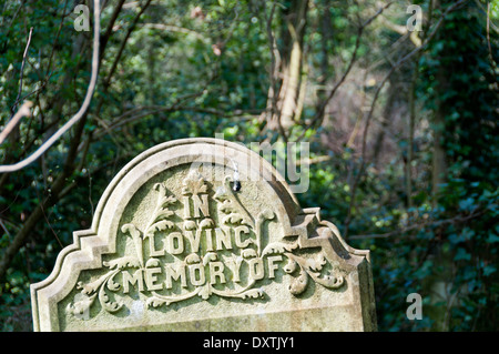 Le parole "In memoria amorosa dell' scolpite sulla sommità di una lapide in pietra nel cimitero di Nunhead, a sud di Londra. Foto Stock