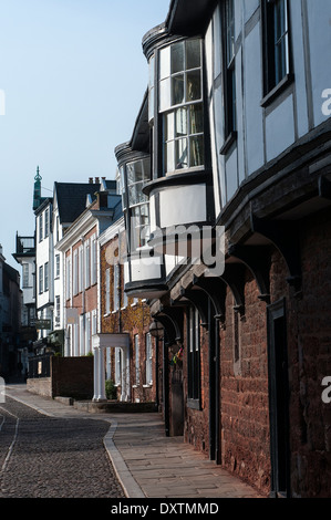 Cattedrale di Exeter verde,ciottoli e grado 1 edifici elencati: Mol's Coffee House, n. 5, nn. 8, 9 e 9a e n. 10 Cattedrale vicino Foto Stock
