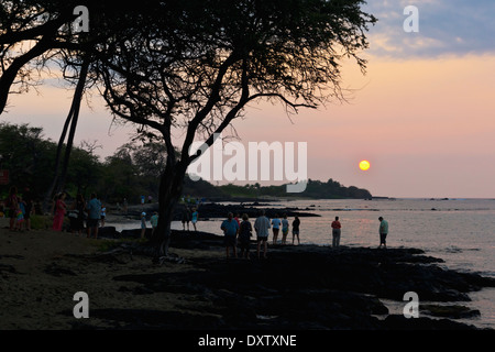 I turisti in piedi al bordo dell'acqua al tramonto nella Baia di Anaehoomalu; Isola delle Hawaii, Hawaii, Stati Uniti d'America Foto Stock