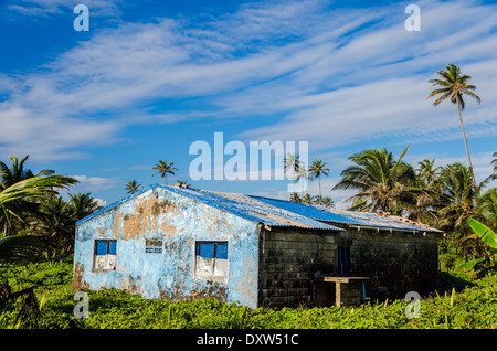 Il vecchio edificio blu nella radura wth palme in San Andres, Colombia Foto Stock