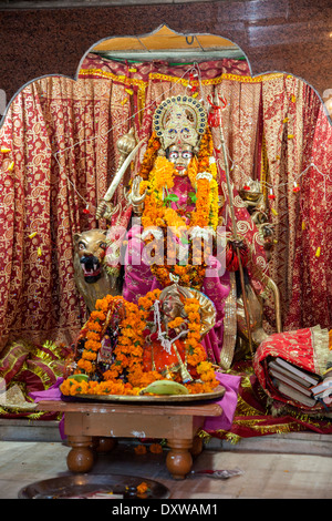 India, Dehradun. Santuario della dea Maa Durga, cavalcare la tigre, armati per distruggere i demoni. Tapkeshwar tempio indù. Foto Stock