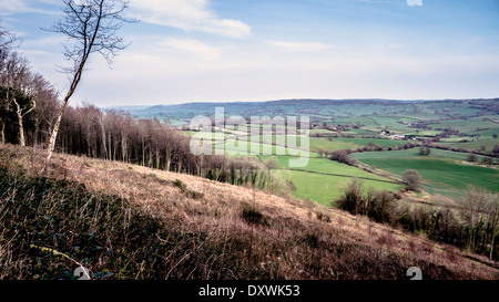 Le viste panoramiche dal Gaer Fawr vicino a Usk in Monmouthshire, South Wales, Regno Unito. Foto Stock