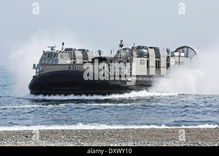 Corea del Sud Marines Landing Craft Air Cushion si prepara a terra su una spiaggia durante una simulazione di assalto anfibio parte della formazione congiunta esercizio Ssang Yong Marzo 31, 2014 in Doksu-Ri, Pohang, Corea del Sud. Foto Stock