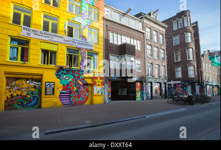 AMSTERDAM, Paesi Bassi - 19 Marzo 2014: Giallo snakehouse facciata con colorati graffiti e petizione su di esso Foto Stock