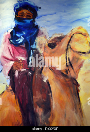 L'arte africana e colorati di pittura del beduino arabo a dorso di cammello sul display nella reception dell'Hotel al Riu Touareg Isole di Capo Verde Foto Stock