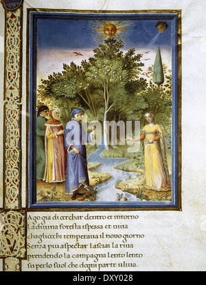 La Divina Commedia di Dante Alighieri (1265-1321). Miniatura raffigurante Dante e Virgilio nel Purgatorio. Folio 177 r. 1480-1482. Foto Stock