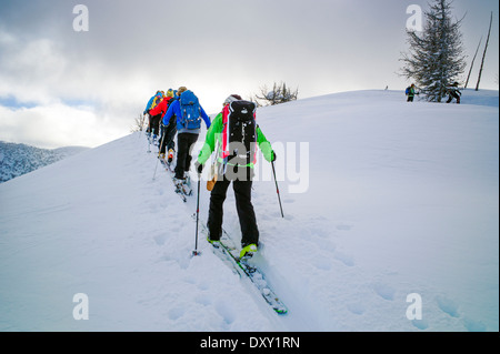 Paese indietro gli sciatori utilizzano pelli sintetiche sugli sci per agevolare la salita, North Cascade Mountains, Washington, Stati Uniti d'America Foto Stock