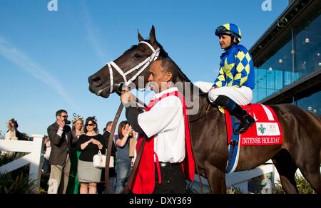 New Orleans, LA, Stati Uniti d'America. 29 Mar, 2014. Marzo 29, 2014: Cappelli e alta moda con un Mardi Gras flair sono stati la messa a fuoco su Louisiana Derby giornata presso la Fiera Race Course a New Orleans, LA. Scott Serio/ESW/CSM/Alamy Live News Foto Stock