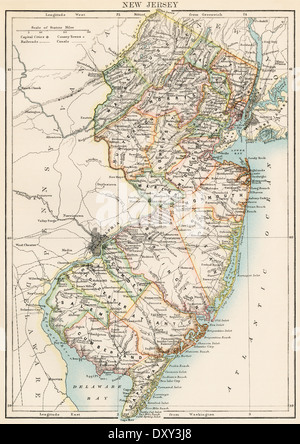 Mappa di New Jersey, 1870s. Stampa Litografia a colori Foto Stock