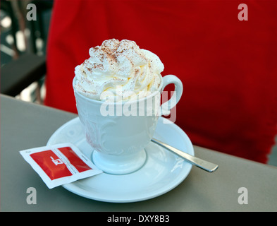 Cioccolata calda con panna montata, servita in te Hofberg Cafe a Vienna Foto Stock