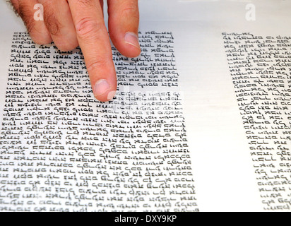 La lettura di una Torah ebraica scorrere Foto Stock