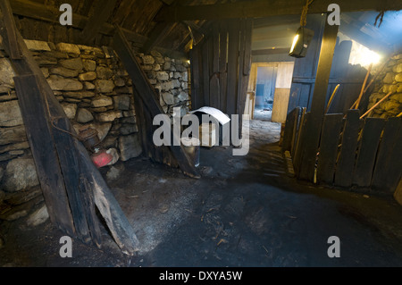 Il byre con bancarelle di bestiame all'interno della blackhouse a Arnol, isola di Lewis, Western Isles, Scotland, Regno Unito Foto Stock