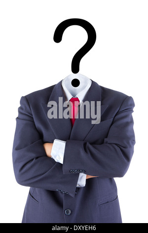 Imprenditore invisibile punto interrogativo testa confusione cerebrale isolato concetto bianco Foto Stock