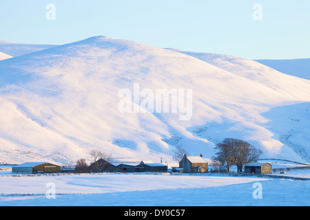 Fattoria in un paesaggi innevati sotto Longlands cadde, Lake District, Cumbria, England Regno Unito. Foto Stock