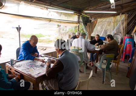 Per Tau villaggio Wan Sha Tin Nuovi Territori di Hong Kong persone giocare Mahjong in un cafe Foto Stock