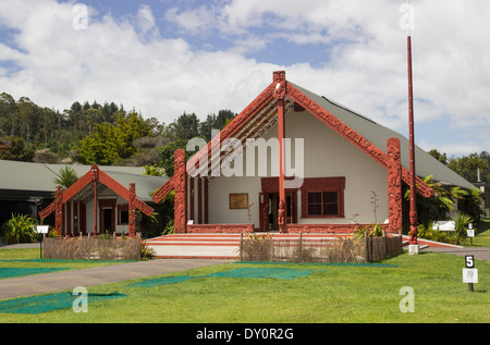 Maori meeting house a Te Puia Centro Maori vicino a Rotorua, Nuova Zelanda Foto Stock