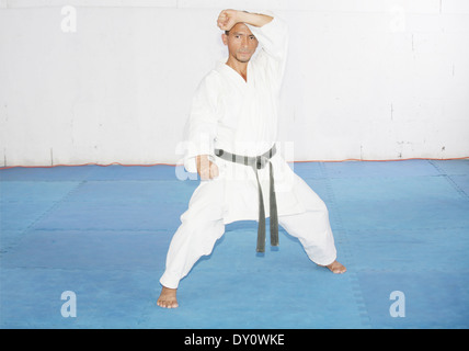 La cintura nera karate uomo a difendere la posizione Foto Stock