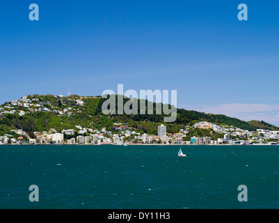 Vista sul Porto di Wellington, presi da una nave nel porto, con il Monte Victoria in background, Wellington, Nuova Zelanda. Foto Stock