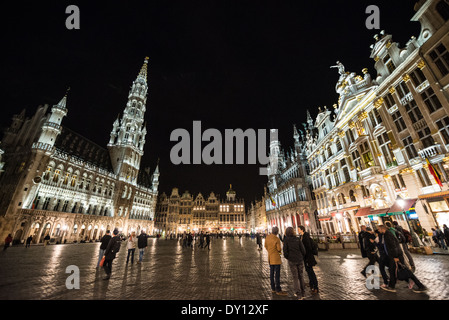 BRUXELLES, Belgio: Gli edifici storici della Grand Place creano un'incredibile esposizione notturna attraverso un'illuminazione architettonica accuratamente progettata. Le facciate medievali e barocche del sito patrimonio dell'umanità dell'UNESCO si illuminano contro il cielo serale, mettendo in risalto i dettagli architettonici. La piazza illuminata trasforma la principale attrazione turistica di Bruxelles in uno spettacolo teatrale notturno. Foto Stock