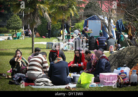 Ramsar, Iran. 2 Apr 2014. Iraniani picnic in un parco per contrassegnare la natura giorno nella città di Ramsar, Iran settentrionale, 2 aprile 2014. Gli iraniani sono andati fuori dalle loro case e abbiamo soggiornato all'aperto per celebrare la Giornata della natura il tredicesimo giorno del capodanno iraniano come una cultura persiana. © Ahmad Halabisaz/Xinhua/Alamy Live News Foto Stock