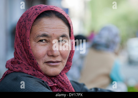 Leh, Ladakh, India. Ritratto di una donna musulmana la vendita di verdura nel bazaar principale Foto Stock