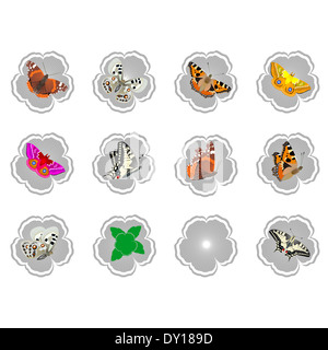 Abstract le icone con farfalle e fiori. Immagine su sfondo bianco. Foto Stock