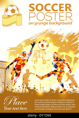 Soccer poster con i giocatori e tifosi su sfondo grunge, illustrazione Foto Stock