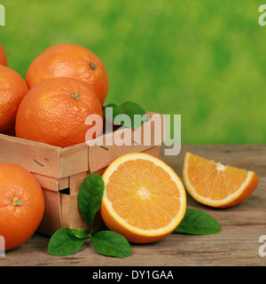 Arance appena raccolte con le foglie in una scatola di legno su una tabella con sfondo verde Foto Stock