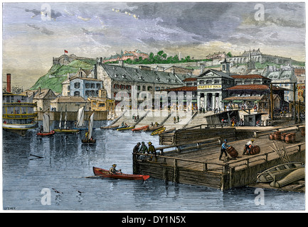 Mercato coperto e barca sbarco nella città di Québec in Canada, 1870s. Colorate a mano la xilografia Foto Stock