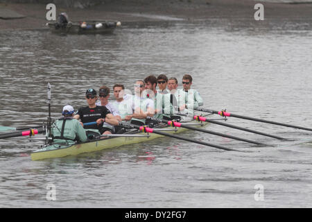 Putney Londra, Regno Unito. Il 4 aprile 2014. Membri della Cambridge University boat club di pratica sul Fiume Tamigi in preparazione del centosessantesimo BNY Mellon University boat race di domenica 6 aprile. L annuale university boat race si svolgerà tra gli equipaggi di Cambridge (Goldie) e Oxford (blues) formare Putney a Mortlake Credito: amer ghazzal/Alamy Live News Foto Stock