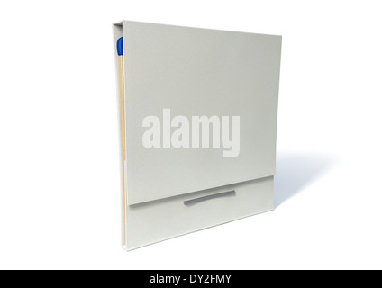 Un libro chiuso di fiammiferi di legno con punte blu in un generico bianco di cartone senza marchio libro su un sfondo isolato Foto Stock