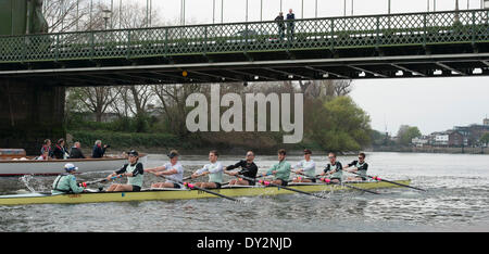 Il fiume Tamigi, Londra, Regno Unito. 03 apr 2014. Gita in pratica dalla Cambridge University Boat Club in preparazione per l'Università barca gara di domenica 6 aprile 2014. Blu CUBC equipaggio (Azzurro tops):- Cambridge Blue equipaggio:- Prua: Mike Thorp, 2: Juckett Luk, 3: Ivo Dawkins, 4: Steve Dudek, 5: Helge Gruetjen, 6: Matthew Jackson, 7: Joshua Hooper, corsa: Henry Hoffstot, Cox: Ian Middleton, Chief Coach: Steve Trapmore. © Azione Sport Plus/Alamy Live News Foto Stock