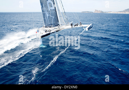 Foto aerea riprese di l'Hydroptere DCNS, Alain Thebault e il suo equipaggio (Yves Parlier, Jean Le Cam, Jacques Vincent, Luc Alphand) Foto Stock