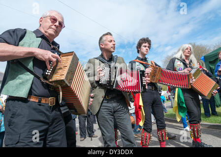 Thriplow, Cambridgeshire, Regno Unito. 5 aprile 2014. I musicisti si esibiscono come migliaia di persone godono di sole primaverile al Thriplow Daffodil Weekend in Cambridgeshire Regno Unito 5 aprile 2014. Ogni anno tra 7000-10000 persone frequentano il villaggio evento per vedere visualizza dei narcisi, visitando i residenti giardini aperti, craft fienili, chioschi, Morris dancing, paese dimostrazioni di artigianato, pesanti cavalli e fiera del divertimento escursioni. Le strade sono chiuse al traffico consentendo ai visitatori di passeggiare al grazioso villaggio corsie in una celebrazione della primavera. Credito: Julian Eales/Alamy Live News Foto Stock