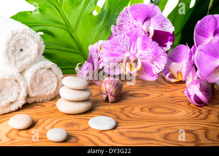 Spa e wellness impostazione con orchidee, ciottoli e asciugamano Foto Stock