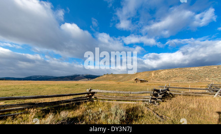 Cabina e recinzione di log in Idaho Foto Stock